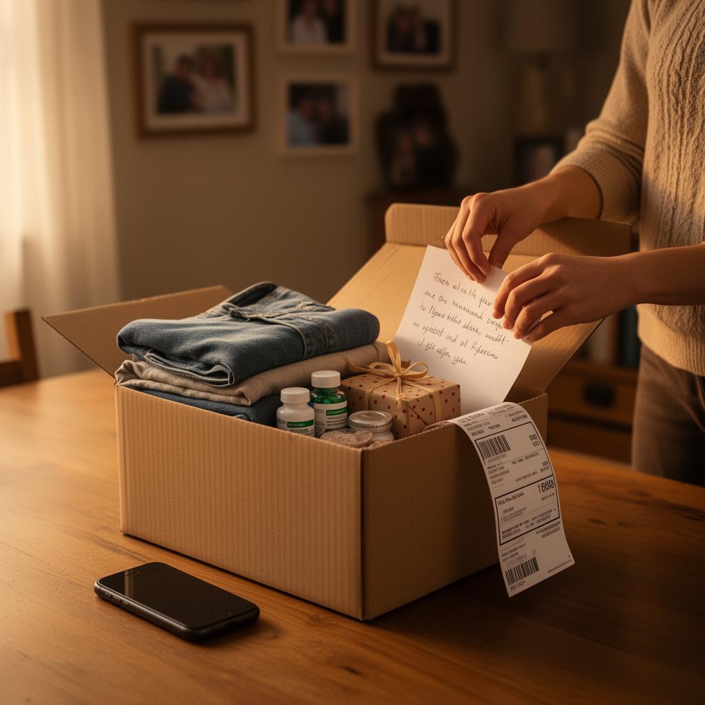 Person packing a cardboard box at home with gifts and a handwritten note for family