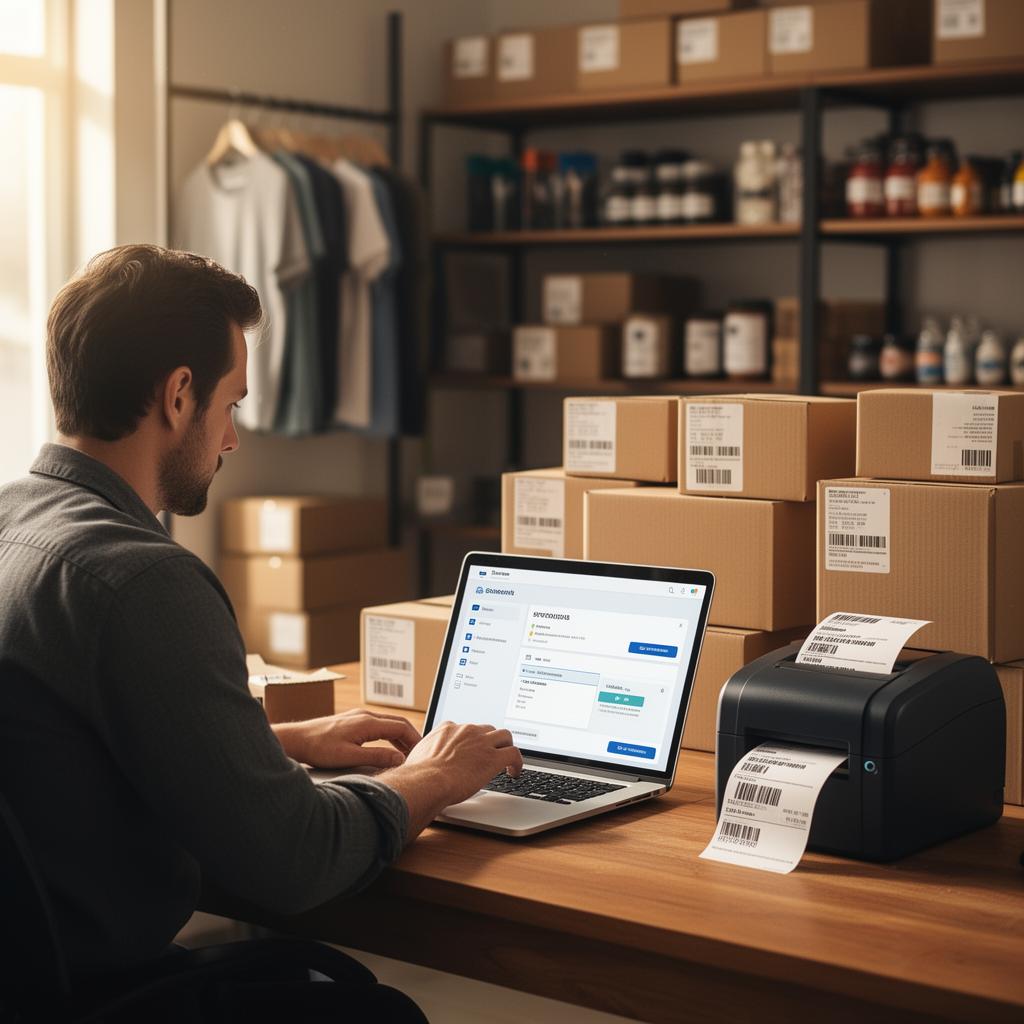 Small business owner printing shipping labels next to boxes ready to ship